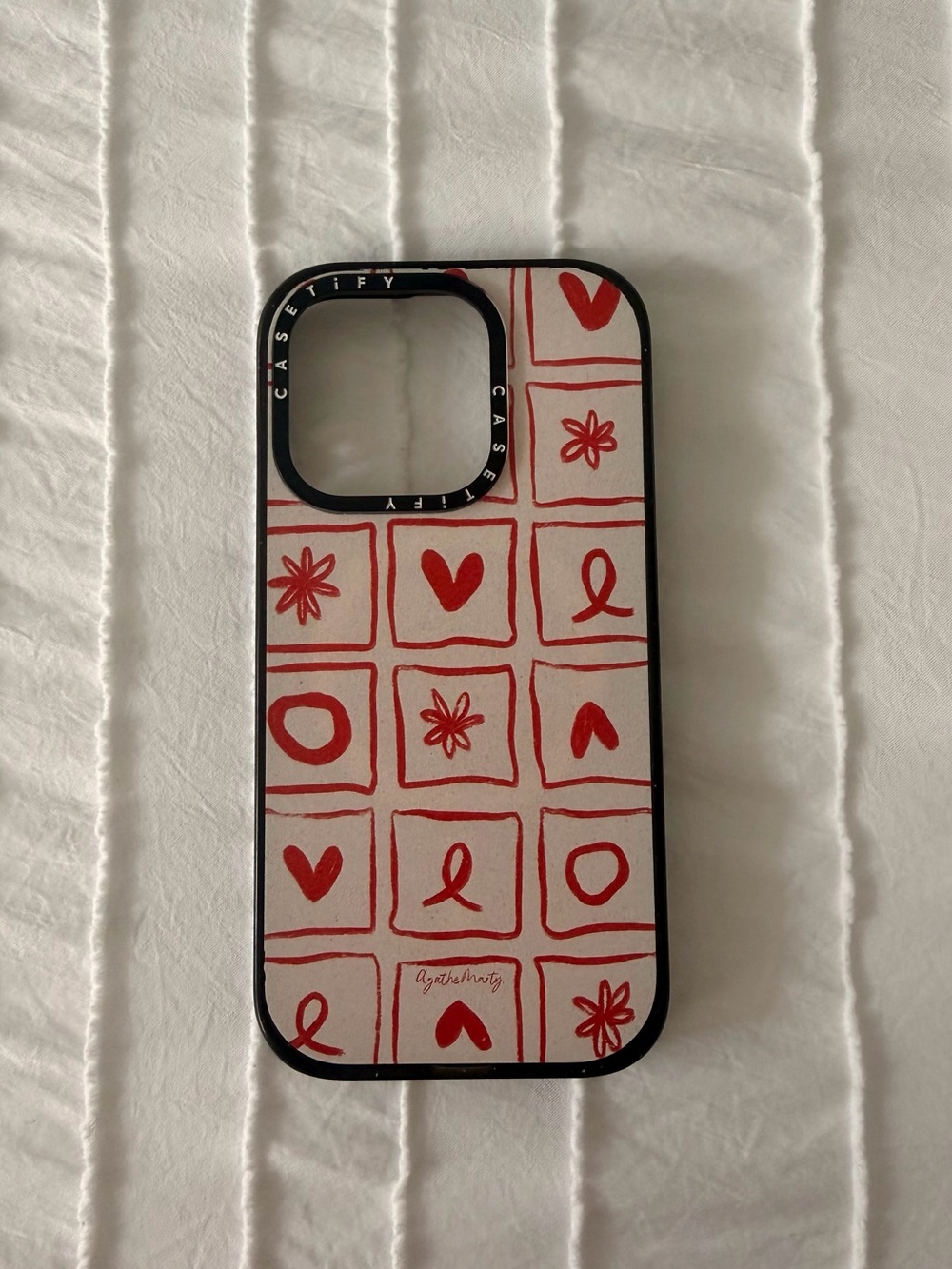 Casetify iPhone 15 Pro Red & Cream Grid Heart Doodle Phone Case